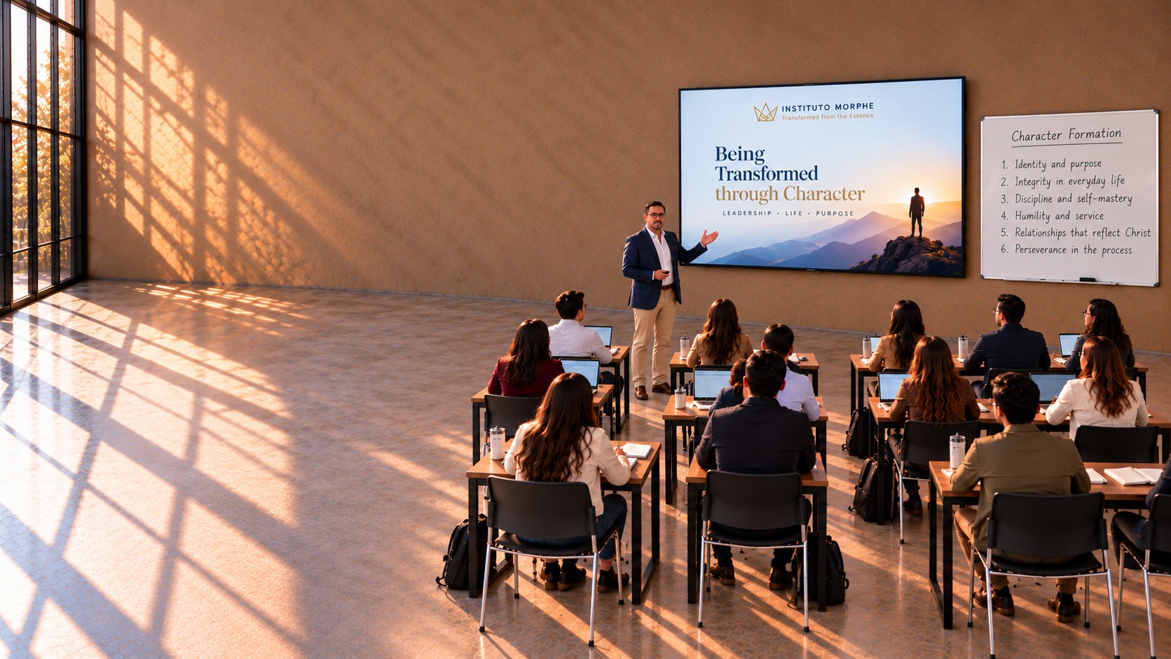 An Instituto Morphe teacher leads a class of students in a room lit by afternoon light