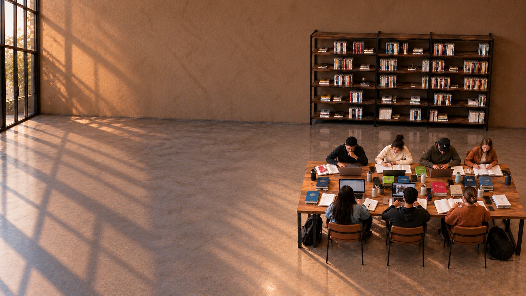 Estudiantes de Instituto Morphe estudiando juntos en una mesa con Biblias, libros y laptops