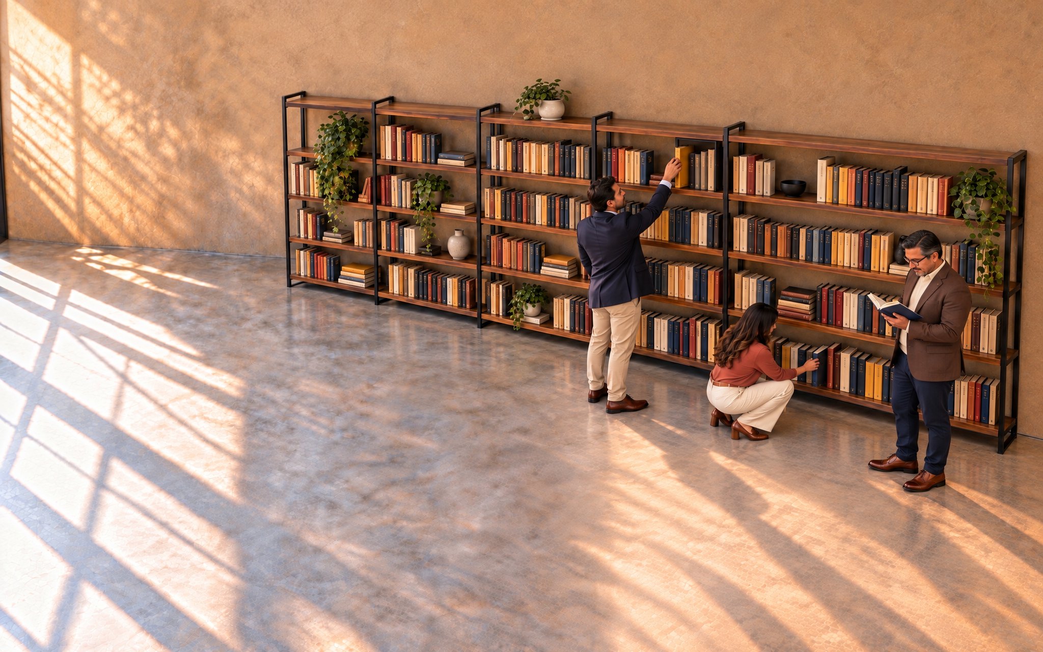 Estudiantes eligiendo libros en un gran librero iluminado por la luz de la tarde
